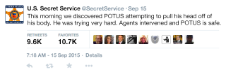 Illustration for article titled Close Call: The Secret Service Just Caught Barack Obama Trying To Pull His Own Head Off